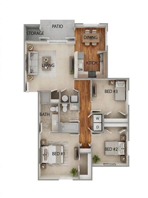 Floor plan for 3 beds, 2 baths, 1112 sqft